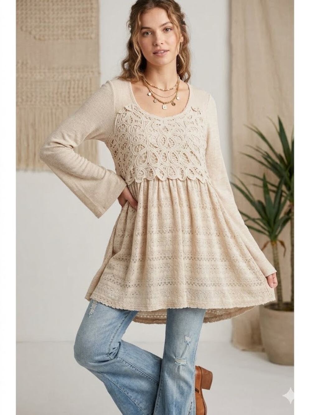 Gimmicks by BKE Crochet Tunic Top Crochet Boho Bell Sleeve Relaxed Mini Dress M